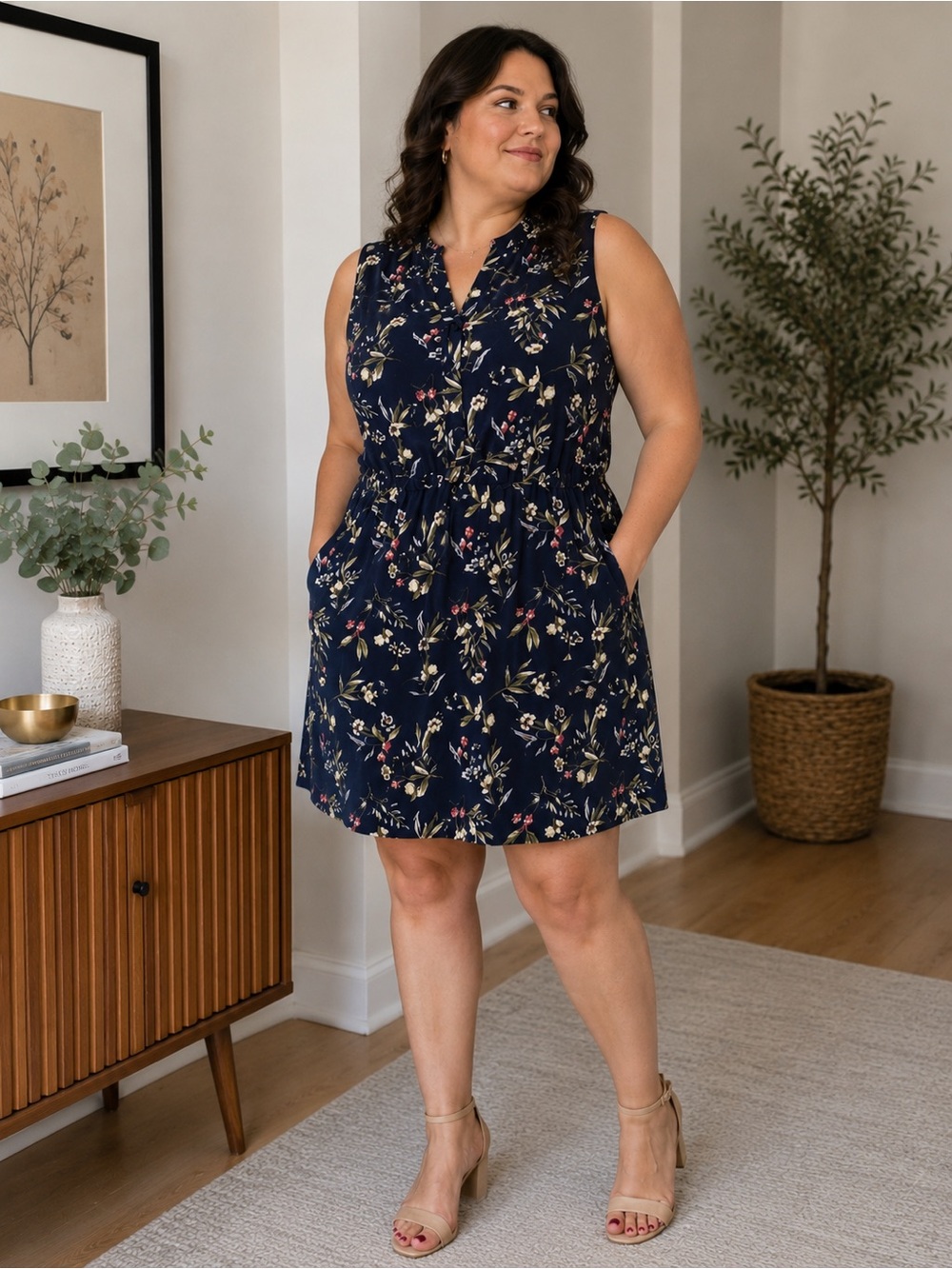 Catherine Malandrino Garden Floral Sleeveless Midi Dress XL Navy Pockets Buttons